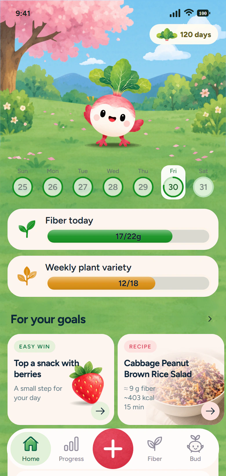 Fibby home screen featuring Bud in his watercolor garden, daily fiber progress and plant variety